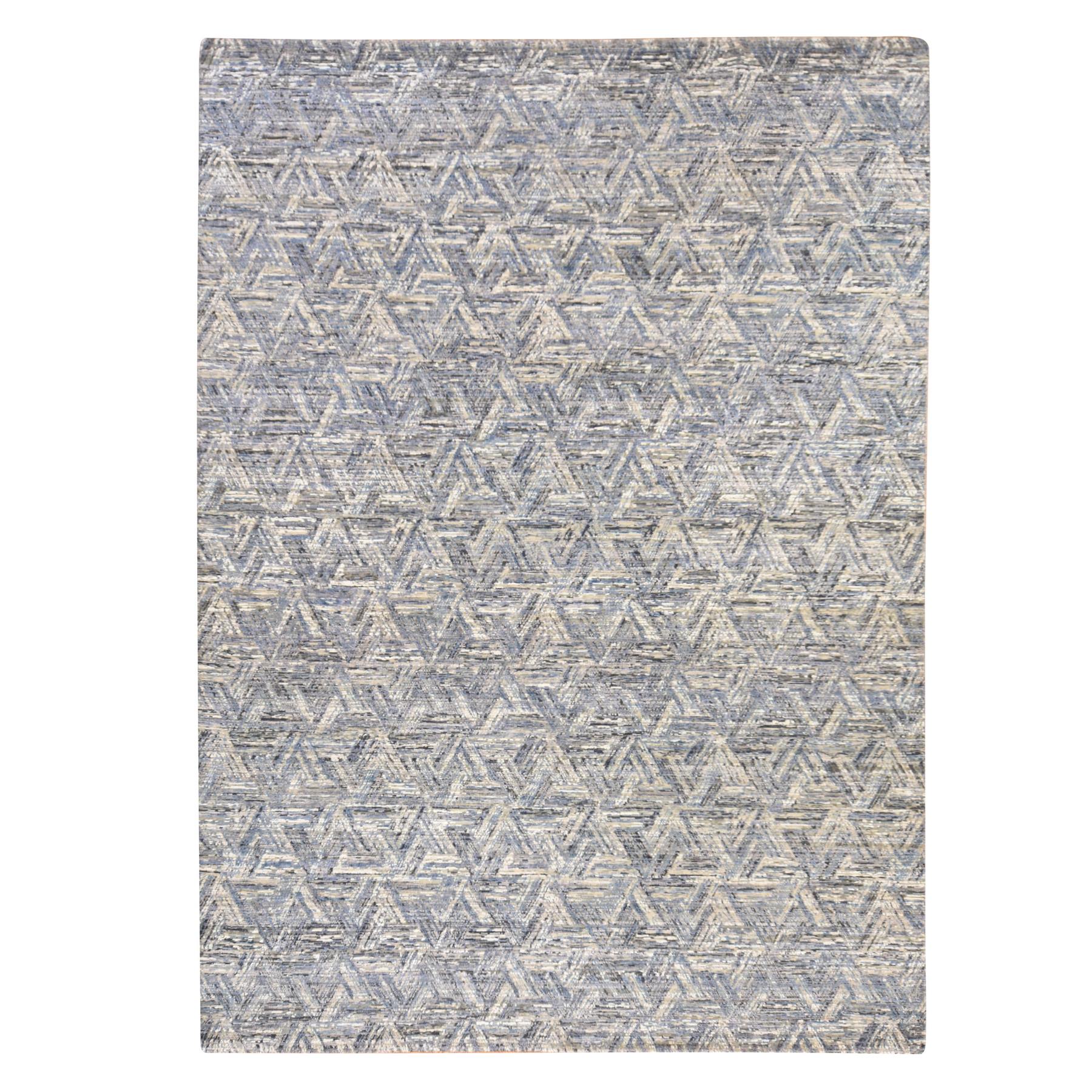 8'9"x12'3" Blue-Gray, THE INTERWINED TRIANGLES, Silk with Textured Wool, Hand Knotted, Oriental Rug 